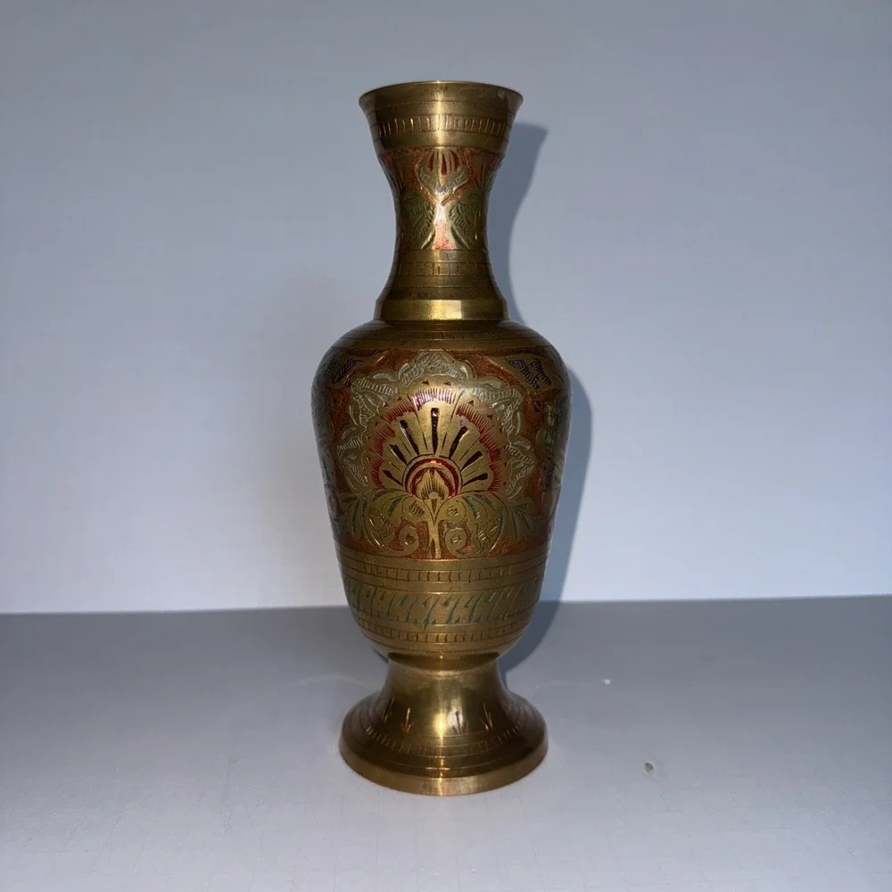 VTG Penco Industries Brass Etched Enamel Bud Vase India Gold Floral 9.5